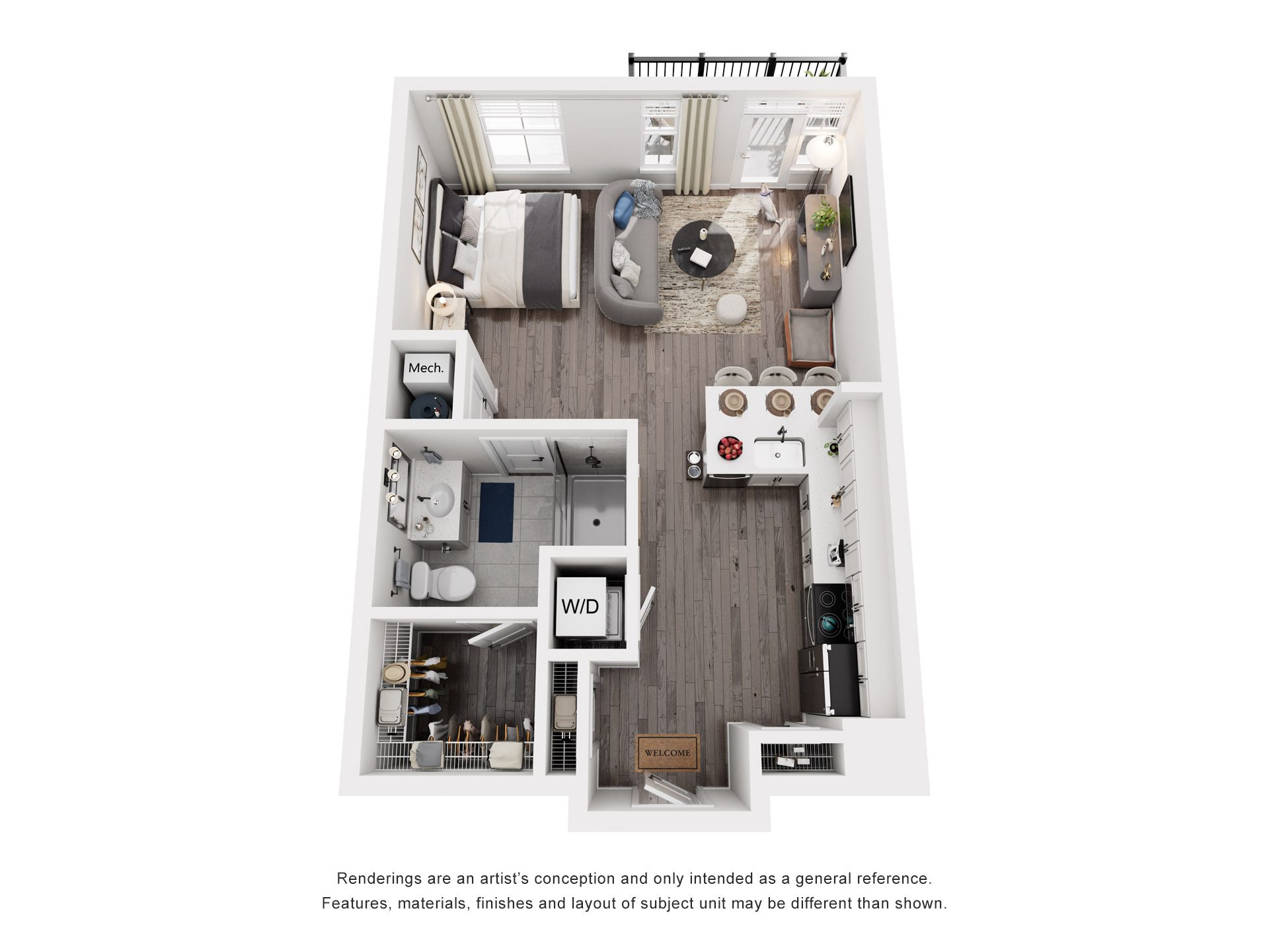 Floor plan for studio, 1 bath, 670 sqft